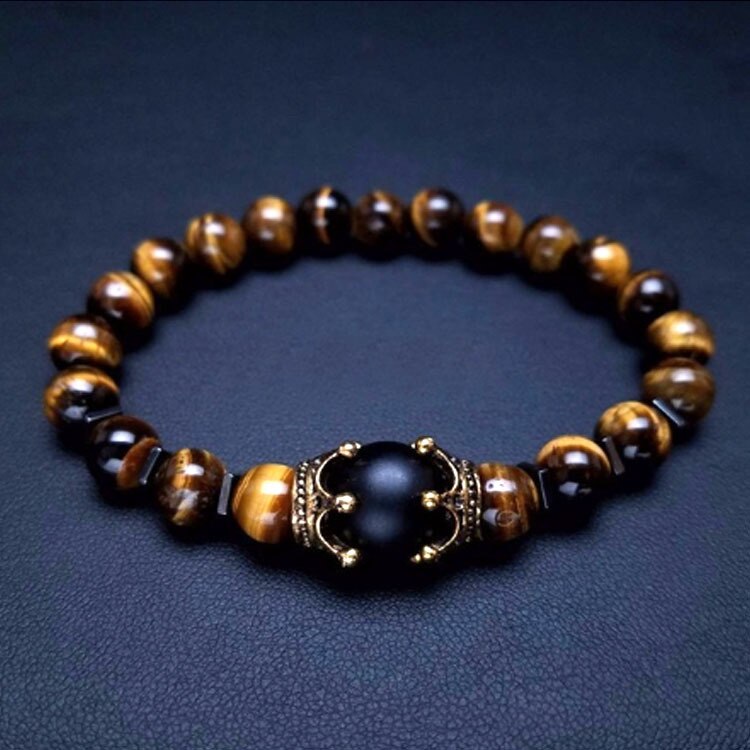 TOP Bracciale da uomo di lusso con corona di occhio di tigre perline di opale di pietra naturale.