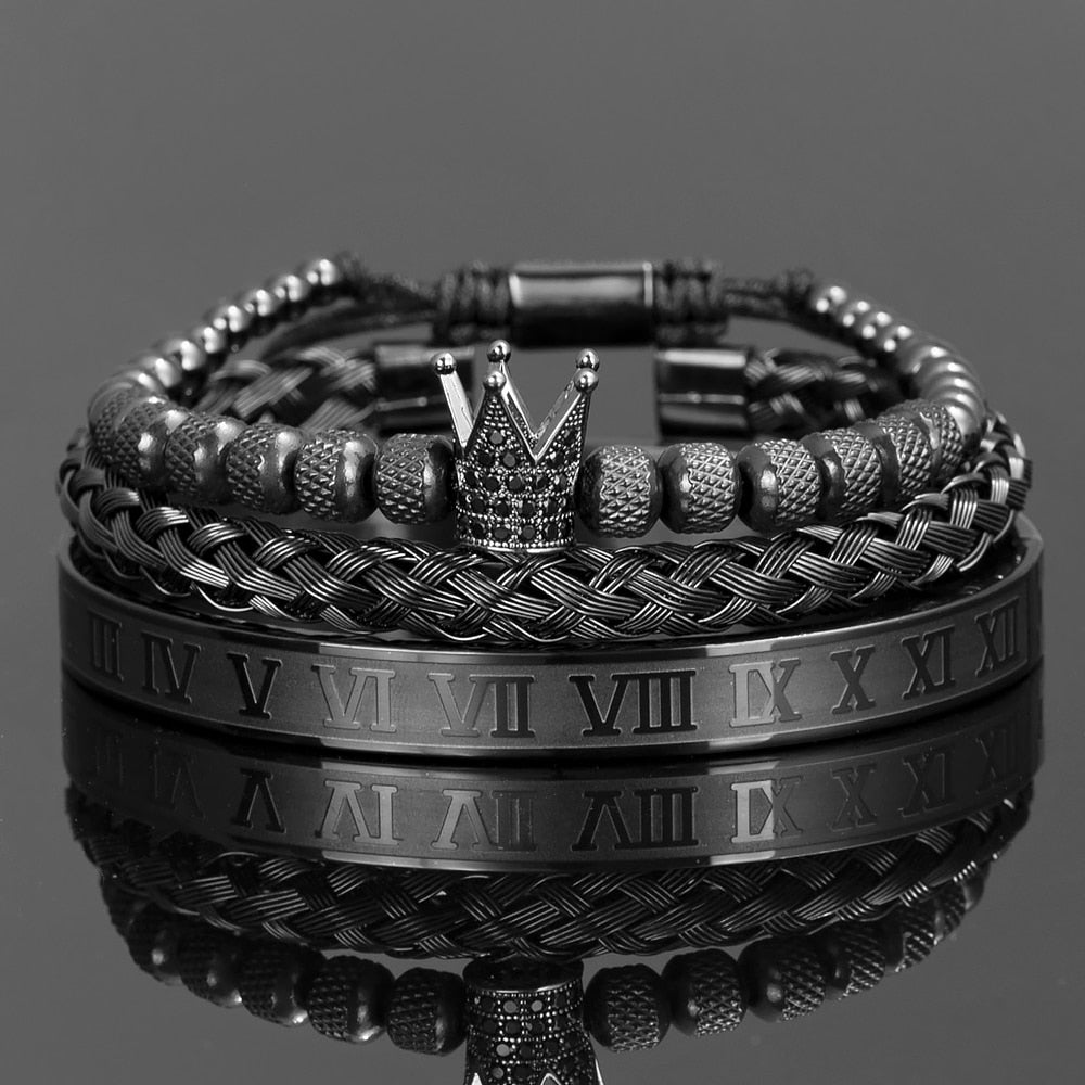 Set Bracciale lusso da uomo fatti a mano in acciaio inossidabile con CORONA, numeri romani.