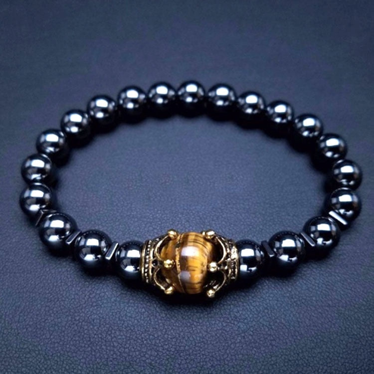 TOP Bracciale da uomo di lusso con corona di occhio di tigre perline di opale di pietra naturale.