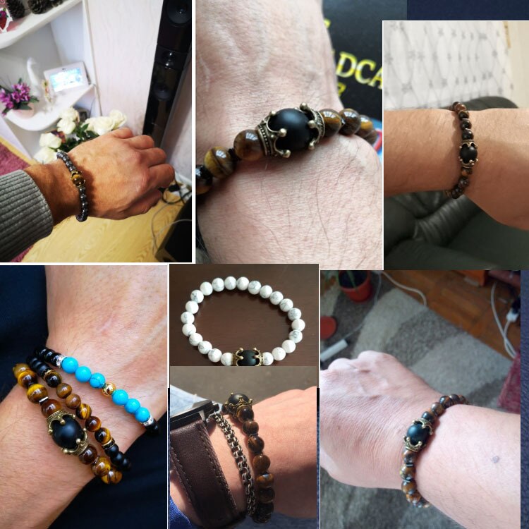 TOP Bracciale da uomo di lusso con corona di occhio di tigre perline di opale di pietra naturale.