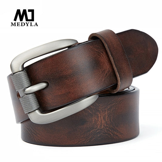 Men's High Quality Sturdy Natural Leather Belt, Brushed Steel Buckle, Suitable for Casual Jeans Pants