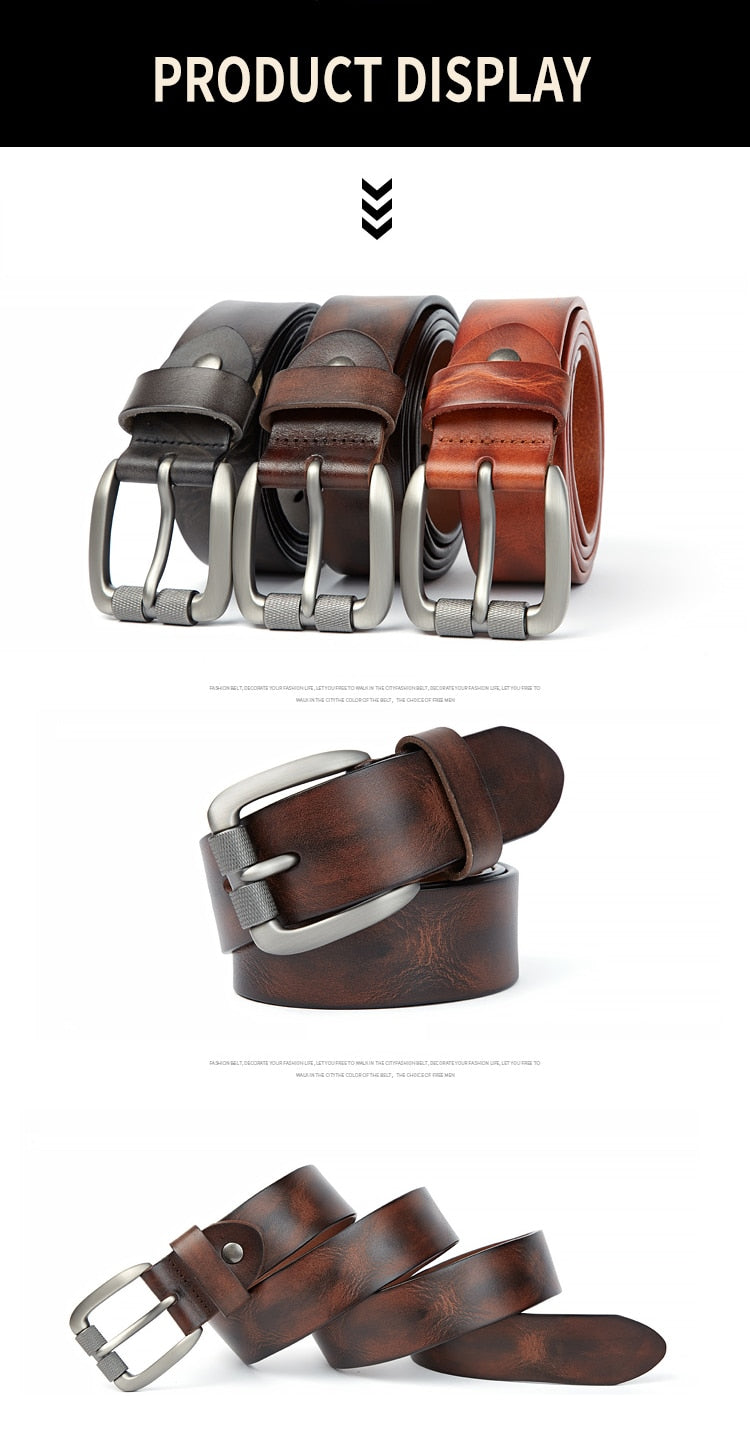 Men's High Quality Sturdy Natural Leather Belt, Brushed Steel Buckle, Suitable for Casual Jeans Pants