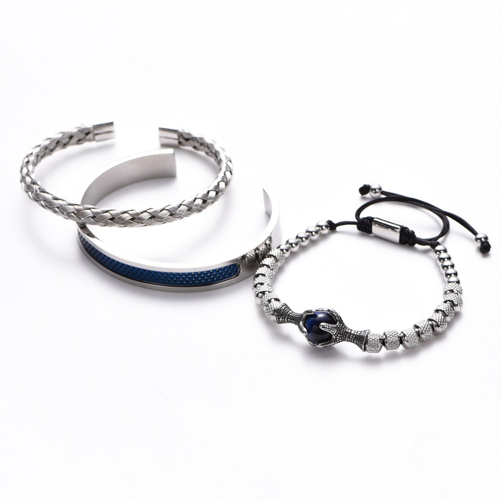 Set Bracciale lusso da uomo fatti a mano in acciaio inossidabile con aquila e pietra naturale.