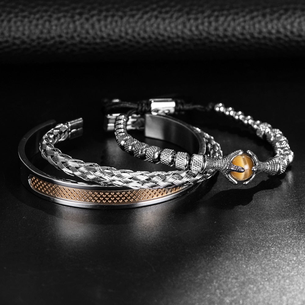 Set Bracciale lusso da uomo fatti a mano in acciaio inossidabile con aquila e pietra naturale.